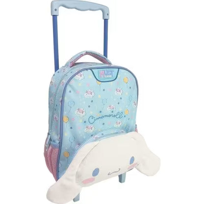 Preschool trolley bag, light blue with character face/ears pouch, wheeled handle