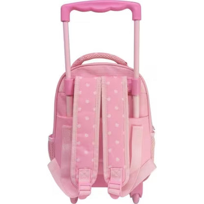 Pink preschool trolley bag with two zip compartments, dotted print, front straps