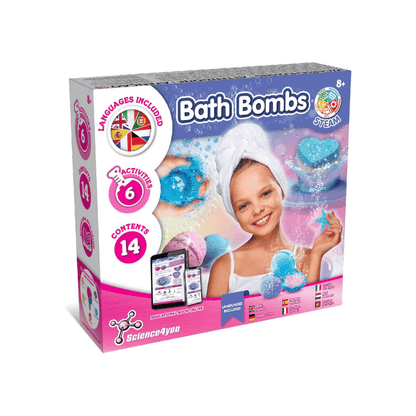Bath bombs science kit box with blue Bath Bombs branding and smiling child