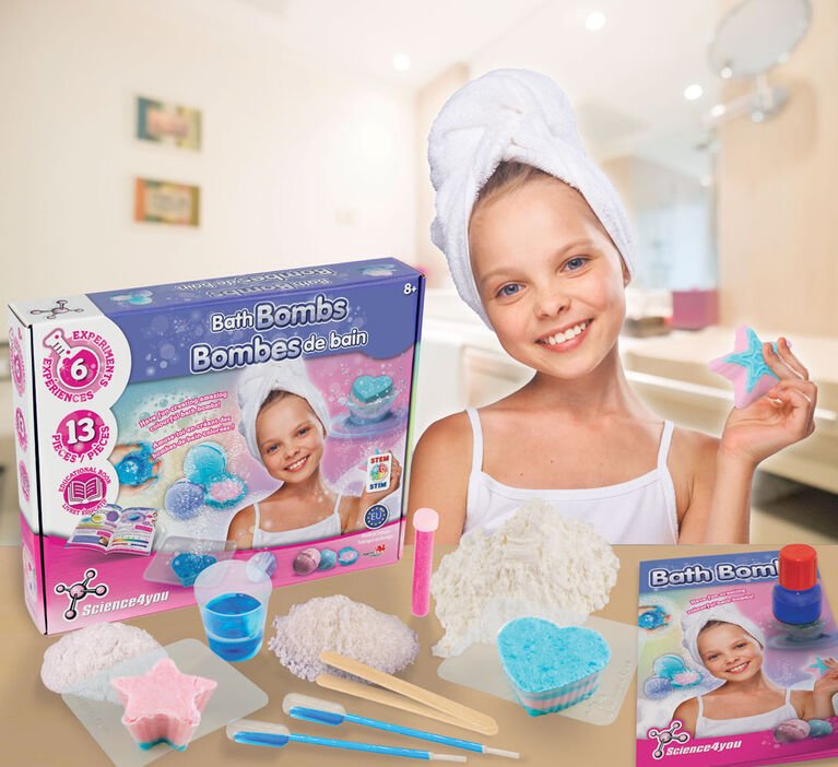 Bath bomb science kit box with included molds, powder, and tools for bath bombs
