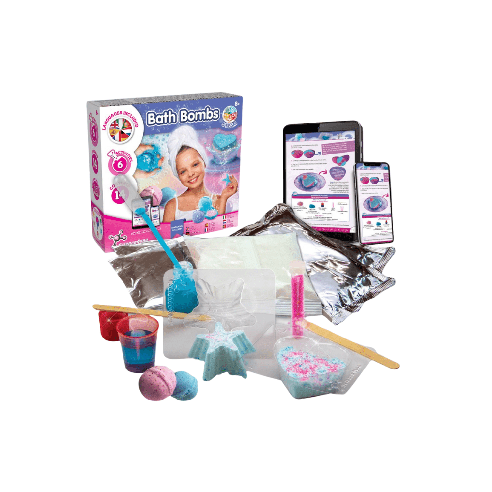 Bath bomb science kit contents: box, molds, packets, cups, spoons, and tools