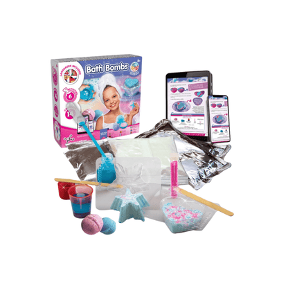 Bath bomb science kit contents: box, molds, packets, cups, spoons, and tools