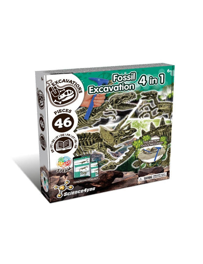 Science4you Fossil Excavation 4-in-1 kit box with 46 pieces and fossil tools