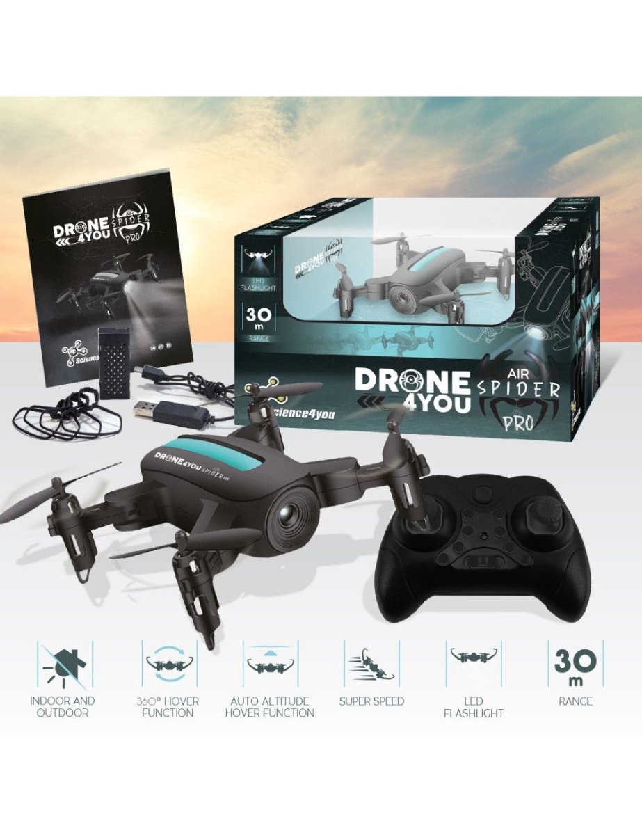 Grey mini drone with black controller, cables, and Drone4You Spider Pro box; 30 m range