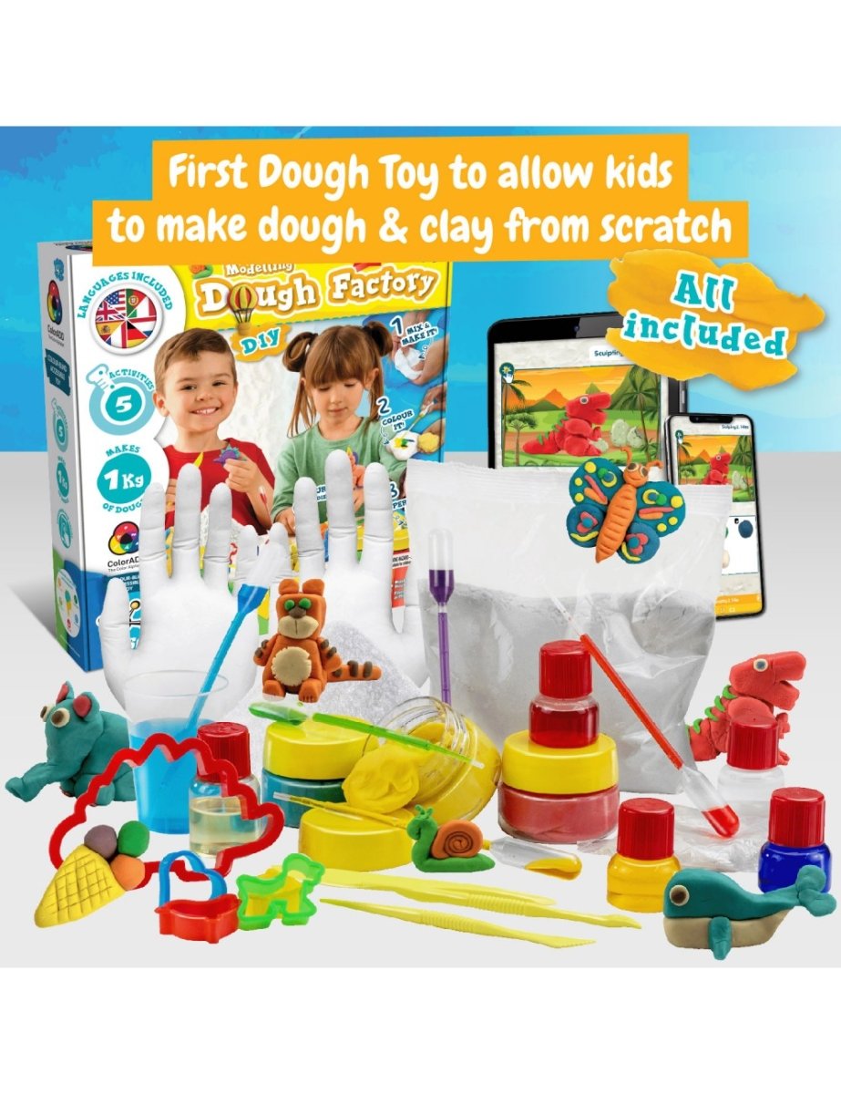 Modelling dough kit contents with molded animal pieces, tools, and storage jars