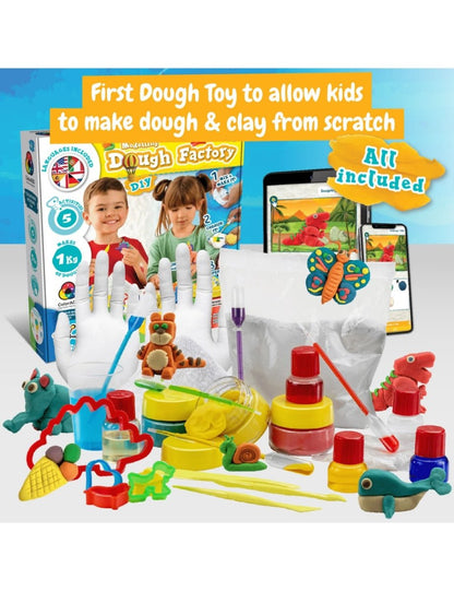 Modelling dough kit contents with molded animal pieces, tools, and storage jars