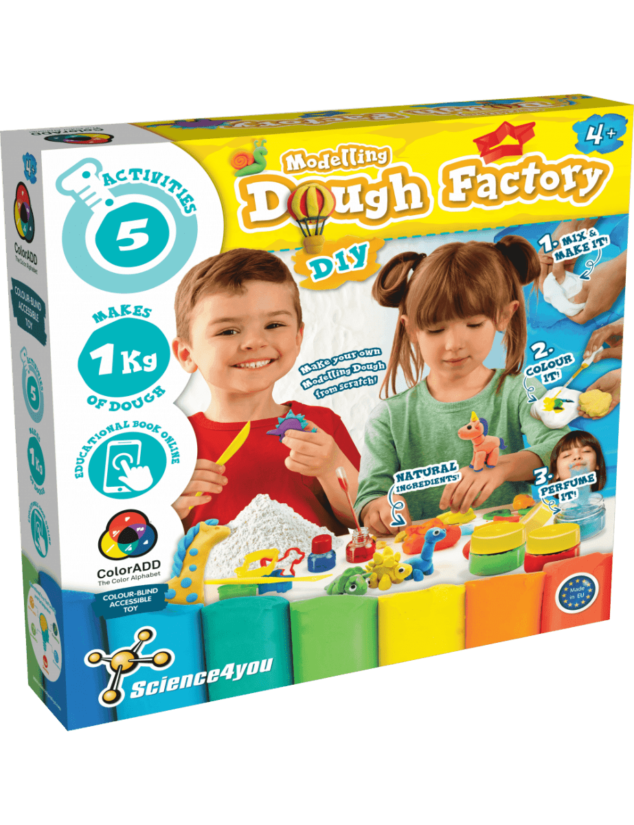 Modelling dough factory kit box with two children on the front panel