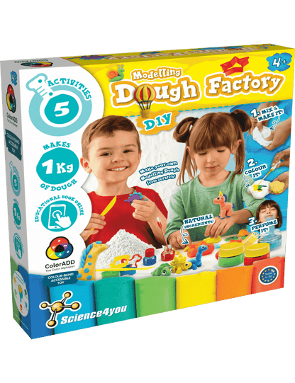 Modelling dough factory kit box with two children on the front panel
