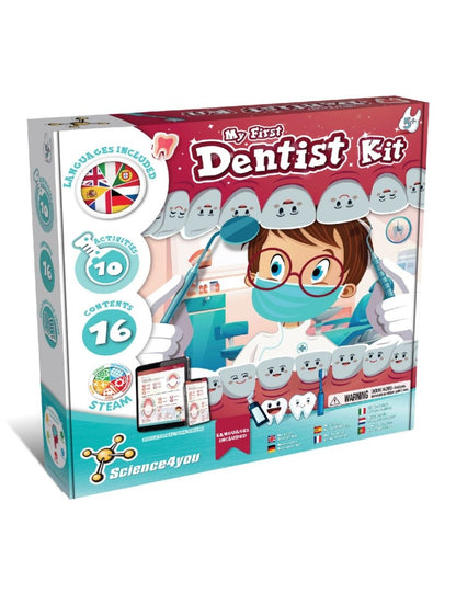 Dentist play kit box with cartoon dentist tools and teeth learning graphics