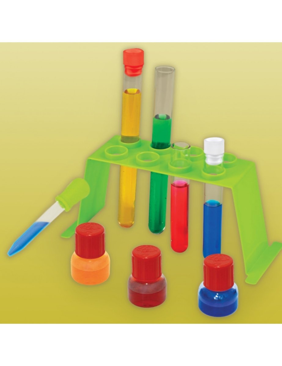 Science kit toy set with colored test tubes and plastic bottles