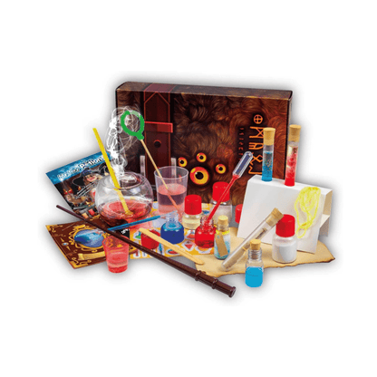 Mystery Potions science kit contents with cups, vials, tools, and color mixing bottles
