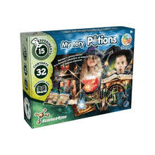 Mystery Potions science kit box with potion-themed graphics and age 8+ badge
