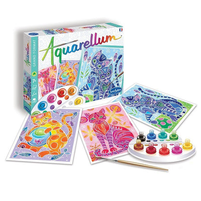 Aquarellum Chats : coffret de peinture aquarelle avec pochoirs chats et pinceau