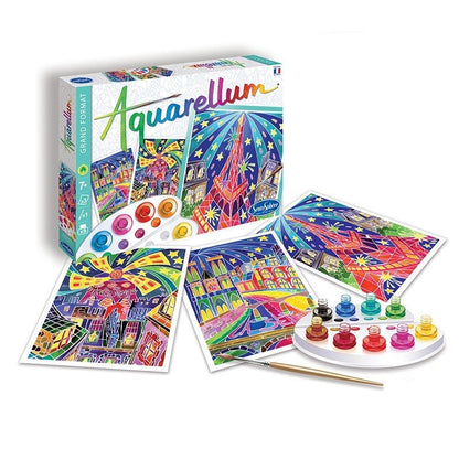 Coffret Aquarellum Paris By Night avec pochoirs, pinceau et godets de peinture