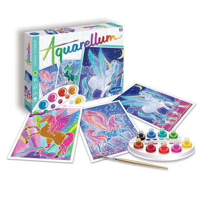 Coffret Aquarellum Pegases : 4 cartes à peindre, palette de couleurs et pinceau
