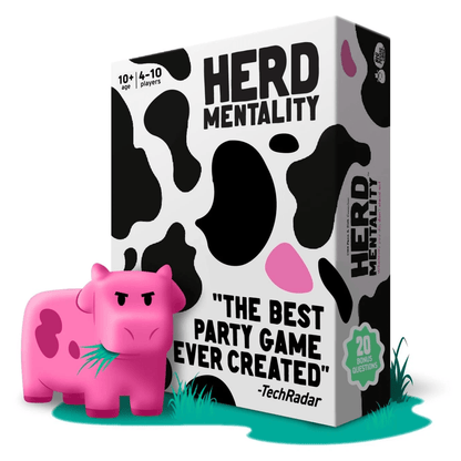 Herd Mentality board game box with pink cow figurine and 20 bonus questions badge
