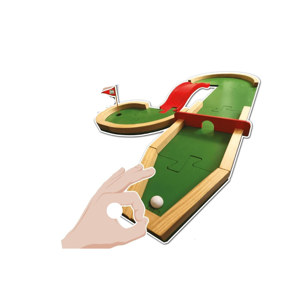 Pitch & Plakks mini golf board game: wooden course with green turf, ball and flag