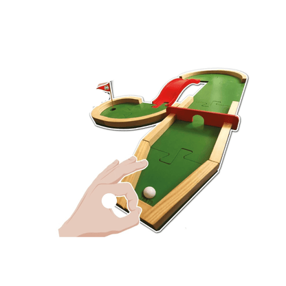 Pitch & Plakks mini golf board game: wooden course with green turf, ball and flag