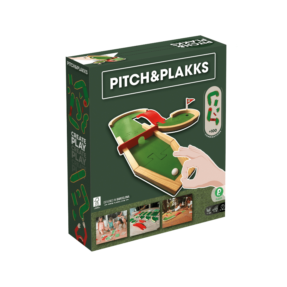 Pitch & Plakks mini golf board game box, green field and wooden track artwork