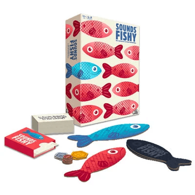 Sounds Fishy board game box and fish-shaped playing pieces and cards