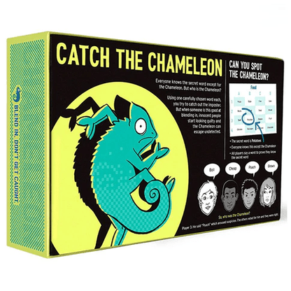 The Chameleon board game box, front art and title “Catch the Chameleon”