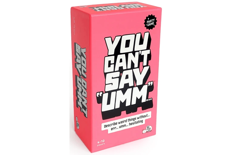 You Can't Say Umm board game box with bold graphic and party game badge