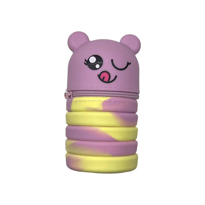 Foldable silicone pencil pouch with purple bear face and zipper