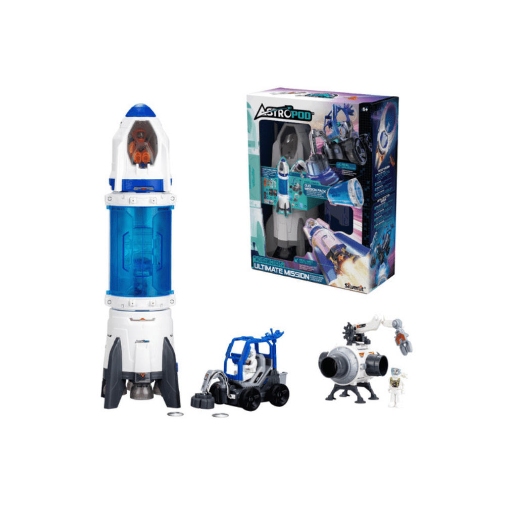 Space rocket building set with white-and-blue rocket, vehicle, and astronaut figures