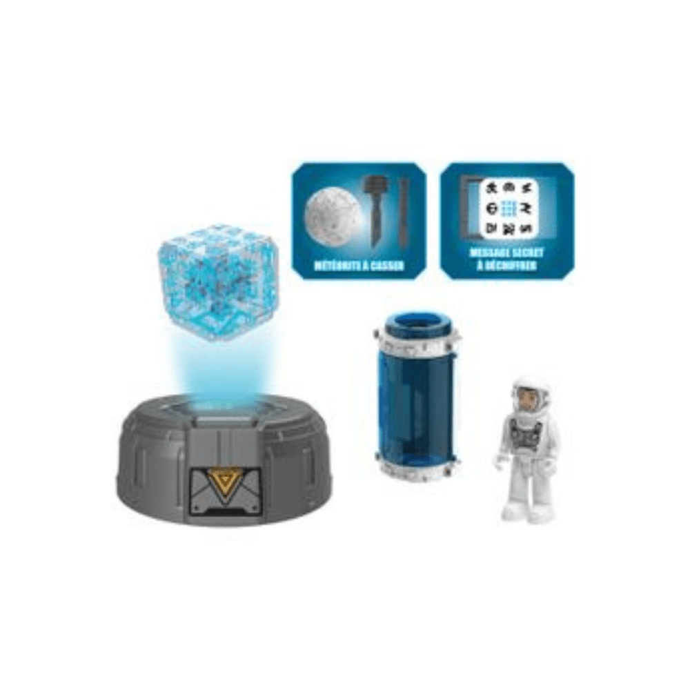 Rocket connector set accessories: gray base, blue cylinder, astronaut, and icy block