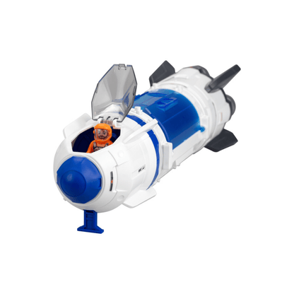 White-and-blue rocket launcher toy with open cockpit and orange astronaut figure