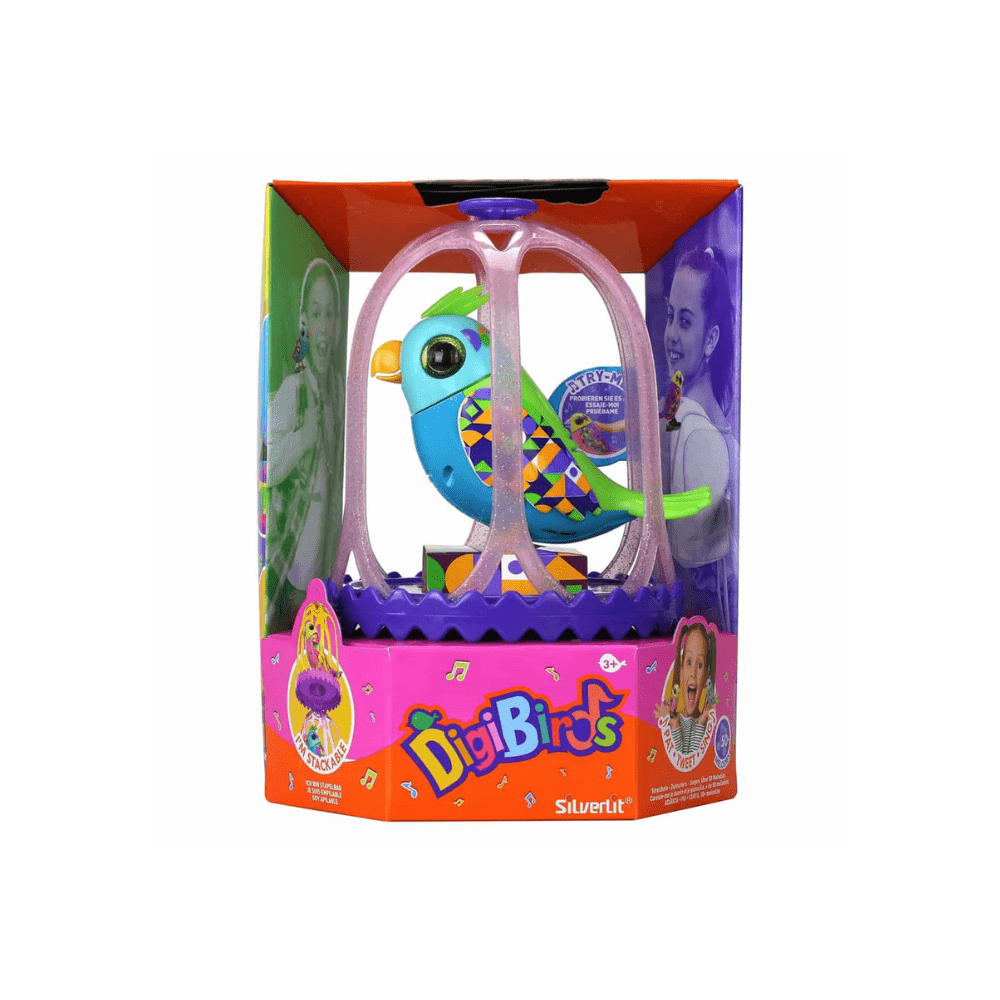 Digibirds interactive cardinal toy in clear arch, colorful bird design