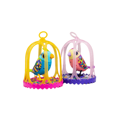 Interactive cardinal bird figures in yellow and pink see-through play cages