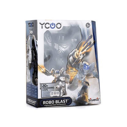 Robo Blast electronic toy retail box with RC robot blasting artwork