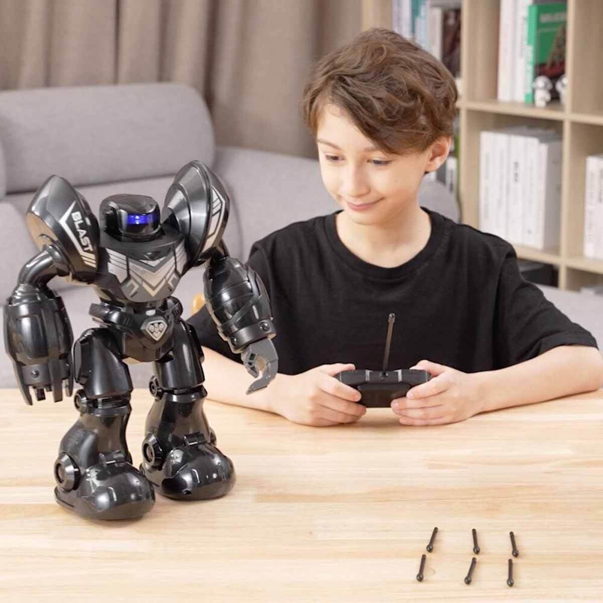 Black RC blasting robot toy with handheld remote controller