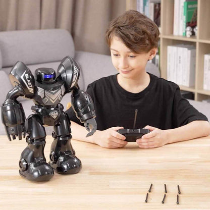 Black RC blasting robot toy with handheld remote controller