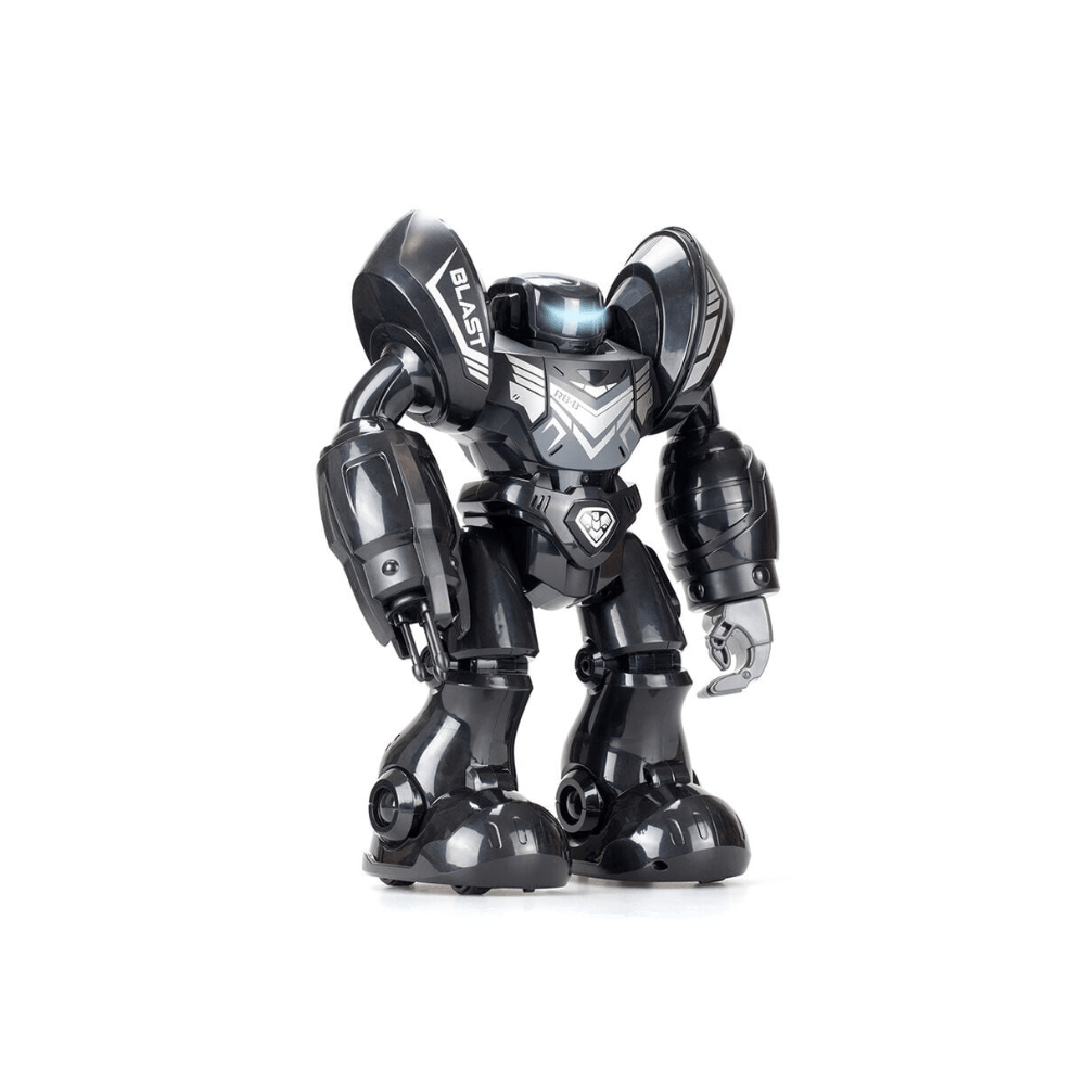 Black and silver RC blasting robot toy with blue visor lights