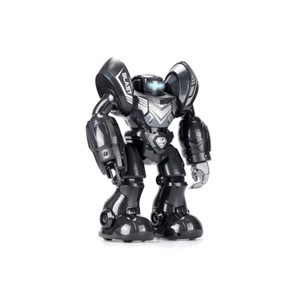 Black and silver RC blasting robot toy with blue visor lights