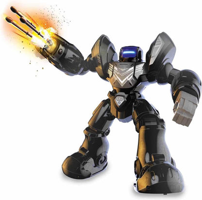 Black and gold RC blasting robot toy with arm flame effect