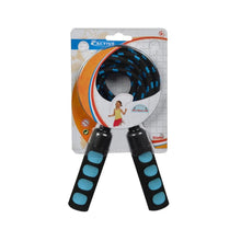 Jump rope with soft handles, black grips and blue rope segments