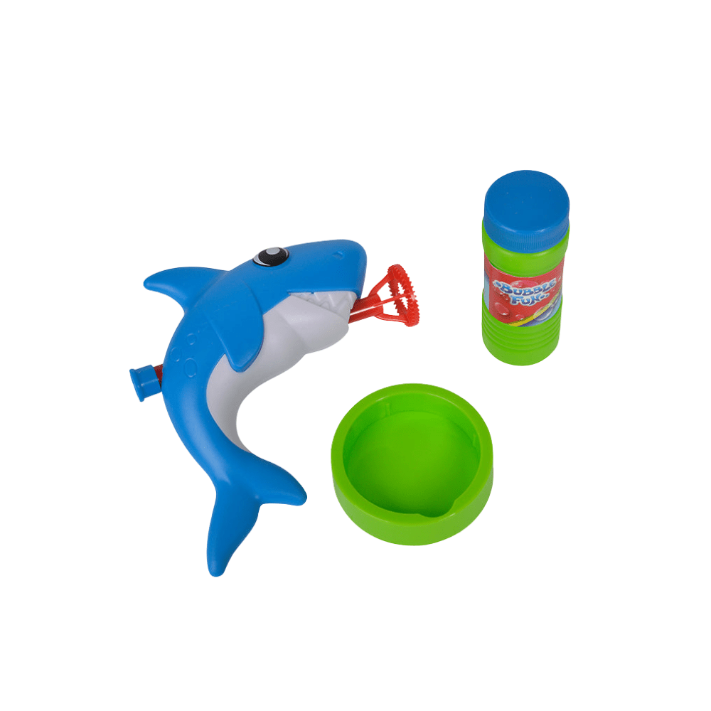 Blue shark bubble wand with red nozzle, green cup, and bubble soap bottle