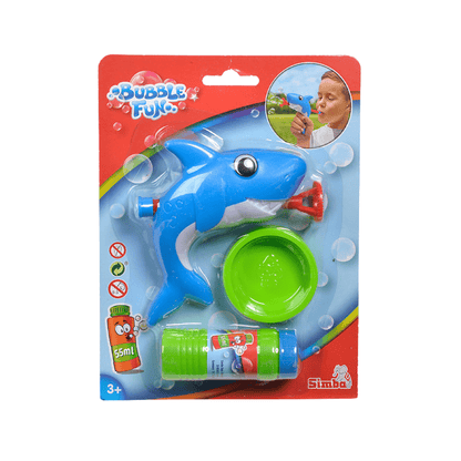 Blue bubble shark toy with red bubble nozzle and green bubble cup