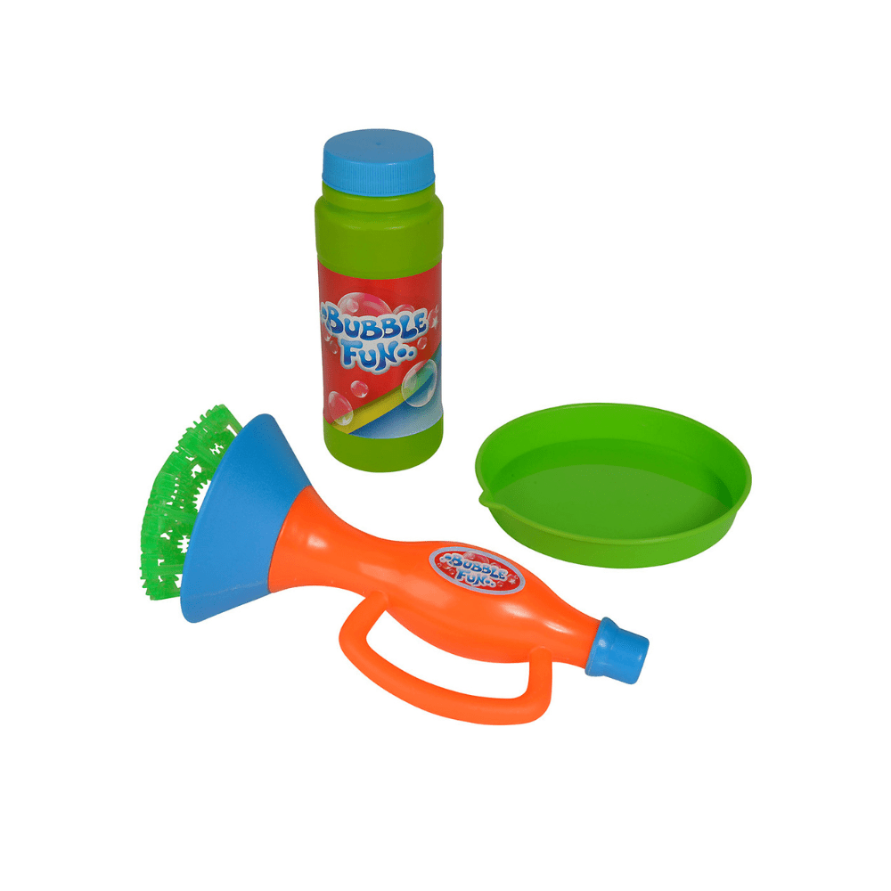 Bubble trumpet bubble toy with orange handle and blue nozzle, plus green bubble bottle