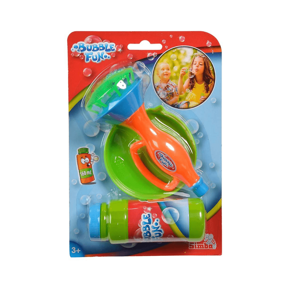 Bubble trumpet bubble toy set in retail packaging, with green handle and orange trumpet