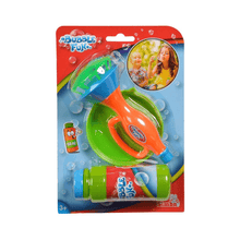 Bubble trumpet bubble toy set in retail packaging, with green handle and orange trumpet