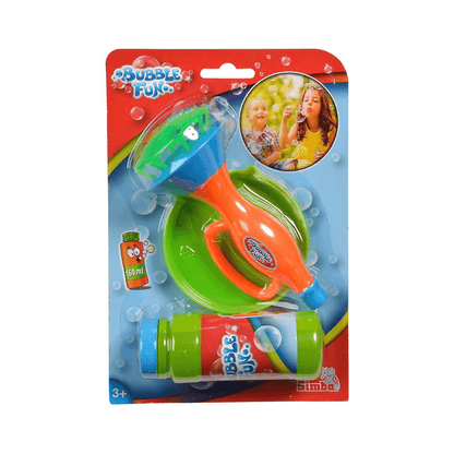 Bubble trumpet bubble toy set in retail packaging, with green handle and orange trumpet