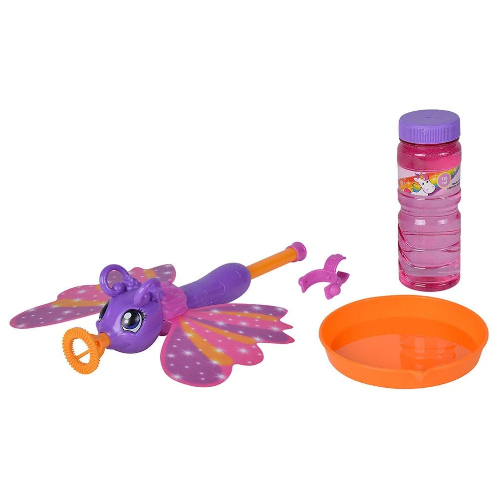 Bubble butterfly wand with orange nozzle, pink bottle, and orange bubble tray
