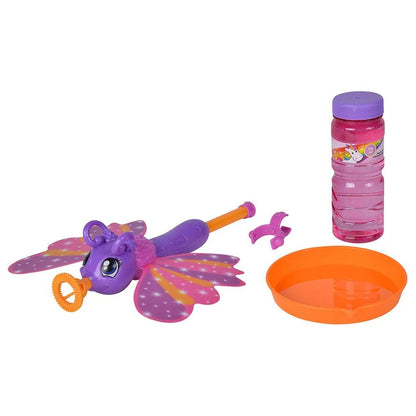 Bubble butterfly wand with orange nozzle, pink bottle, and orange bubble tray