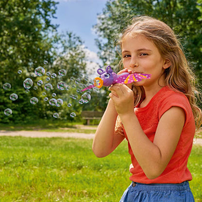 Child blowing bubbles with purple butterfly bubble wand, pink sparkly wings visible
