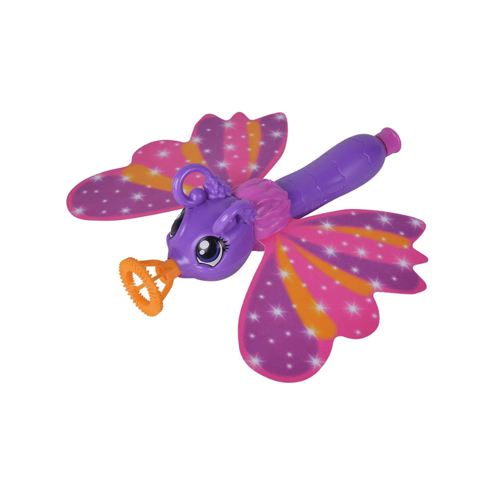 Purple butterfly bubble wand with sparkly pink wings and orange bubble nozzle