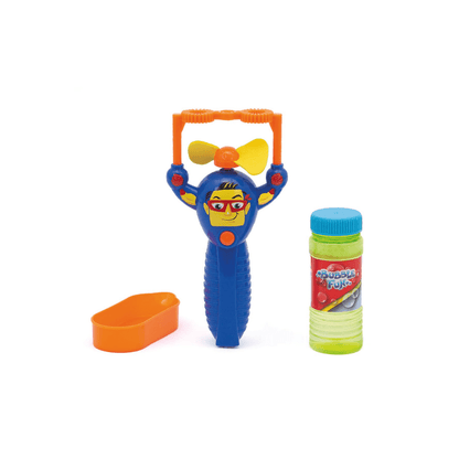 Superhero bubble wand toy with orange scoop and green bubble solution bottle